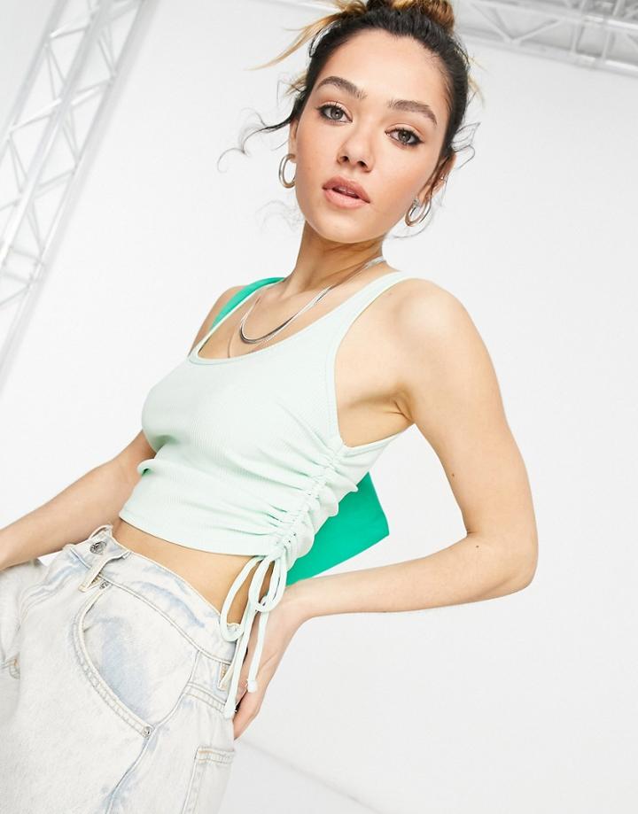 Bershka Ruched Tie Tank Top In Green