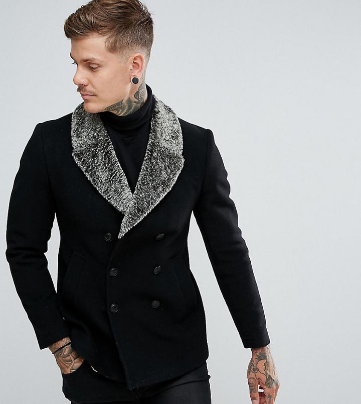 Noose & Monkey Peacoat With Faux Fur Collar - Black