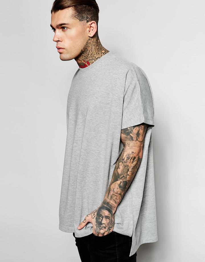 Asos Extreme Oversized T-shirt In Heavyweight Jersey With Step Hem In Gray Marl - Gray Marl