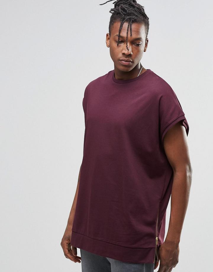 Asos Super Oversized Sleeveless T-shirt In Heavyweight Jersey With Side Zips In Oxblood - Oxblood