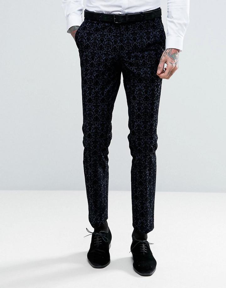 Noose & Monkey Super Skinny Suit Pants With Floral Flocking - Navy