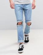 Kubban Slim Rolled Hem Jeans With Blown Out Knees - Blue