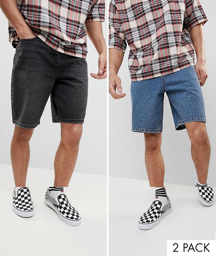 Asos Design Denim Shorts In Skater Fit In Black And Mid Wash Blue - Multi