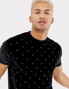 Asos Design Longline T-shirt In Velour With All Over Embellished Gems - Black