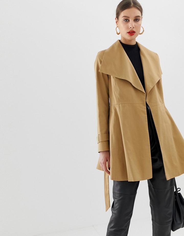 Asos Design Skater Coat With Tie Belt - Stone