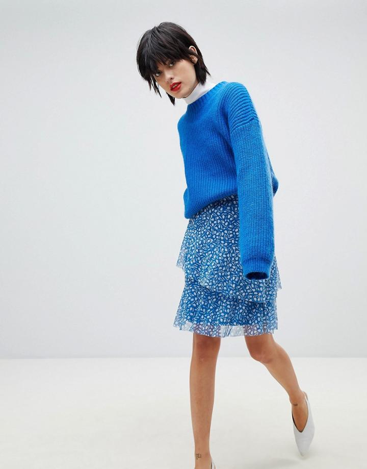 Pieces Floral Print Frill Skirt - Blue