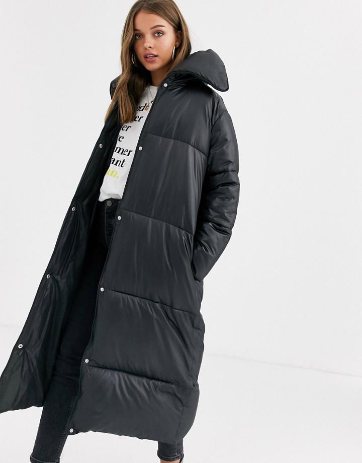 Asos Design Extreme Collar Longline Puffer Coat In Black-green