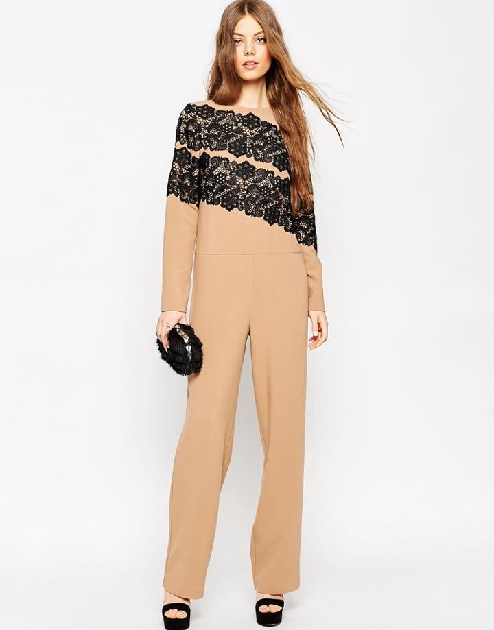 Asos Premium Jumpsuit With Lace Applique - Camel
