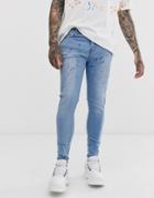 Liquor N Poker Skinny Jeans With Paint Splatter In Blue Wash - Blue