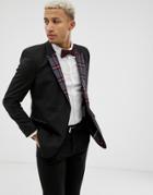 Asos Design Skinny Double Breasted Blazer In Black With Checked Lapel - Black