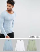 Asos Tall Extreme Muscle Fit Long Sleeve T-shirt With Boat Neck 3 Pack Save - Multi