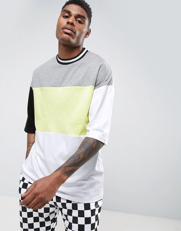 Asos Oversized T-shirt With Neon Color Blocking & Mis-match Sleeves - White