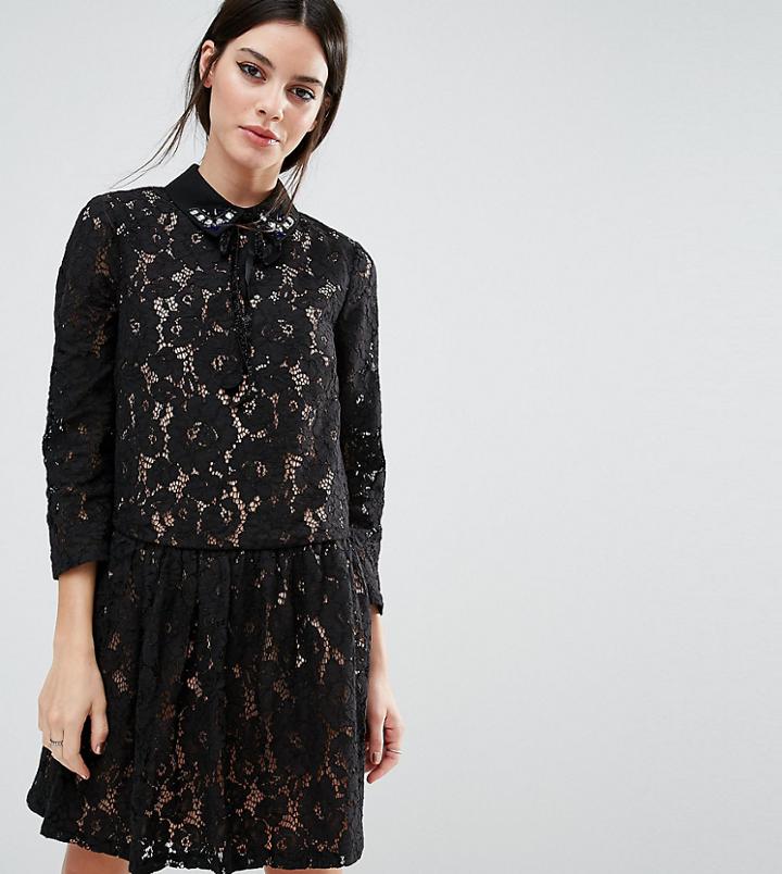 Asos Petite Premium Smock Dress With Embellished Collar In Lace - Black