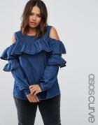 Asos Curve Ruffle Front Cold Shoulder Top - Blue