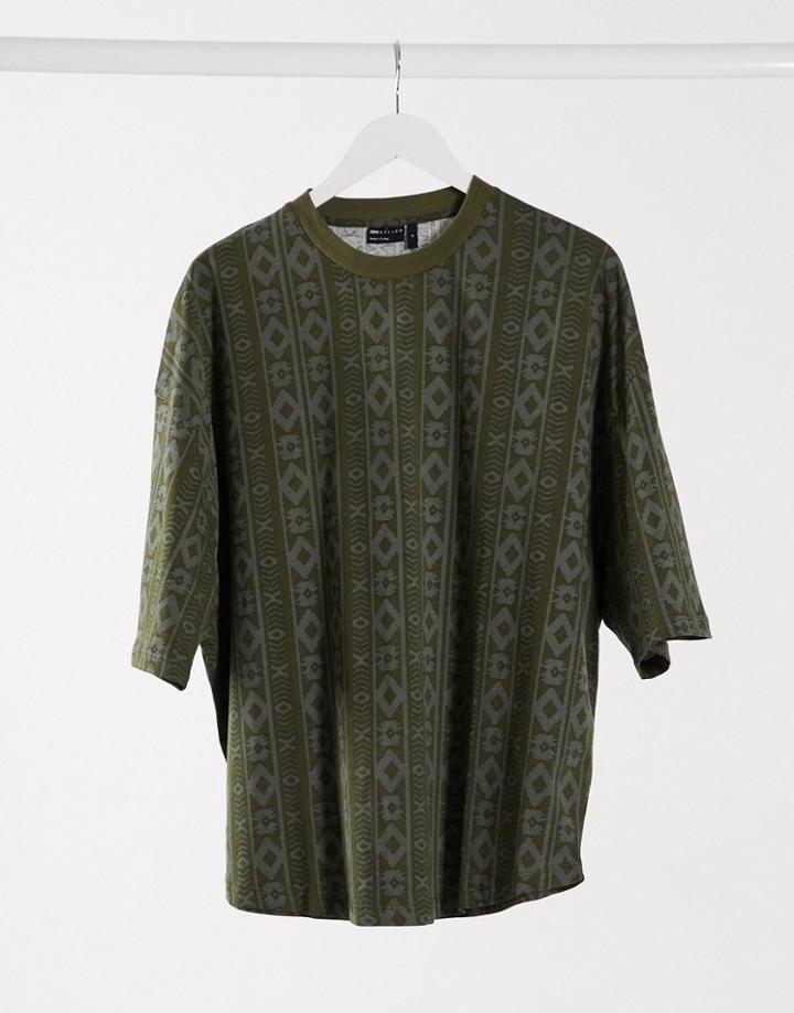 Asos Design Oversized T-shirt In Aztec Stripe With Curved Hem-brown