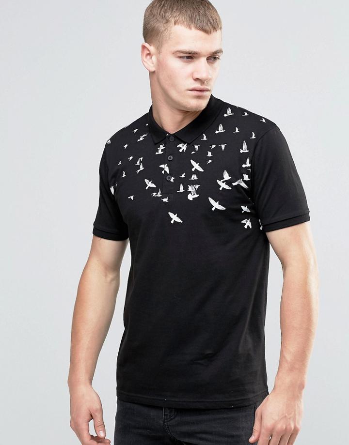 Asos Bird Yoke Print Polo In Black - Black