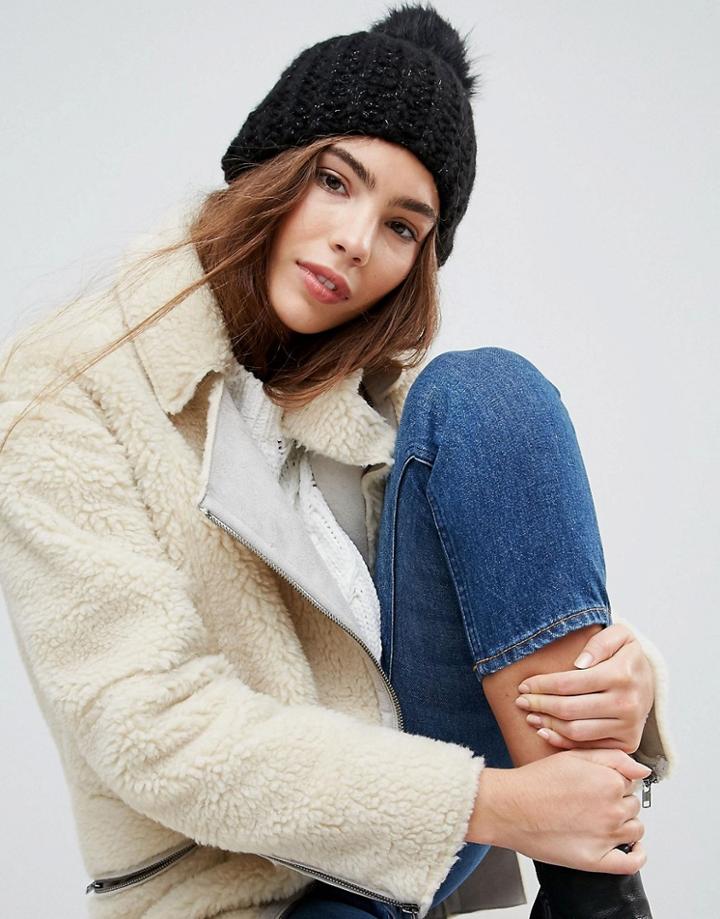 Urbancode Chunky Knit Beanie Hat With Oversized Pom - Black