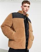 Asos Design Sherpa Puffer Jacket In Brown With Contrast Panel