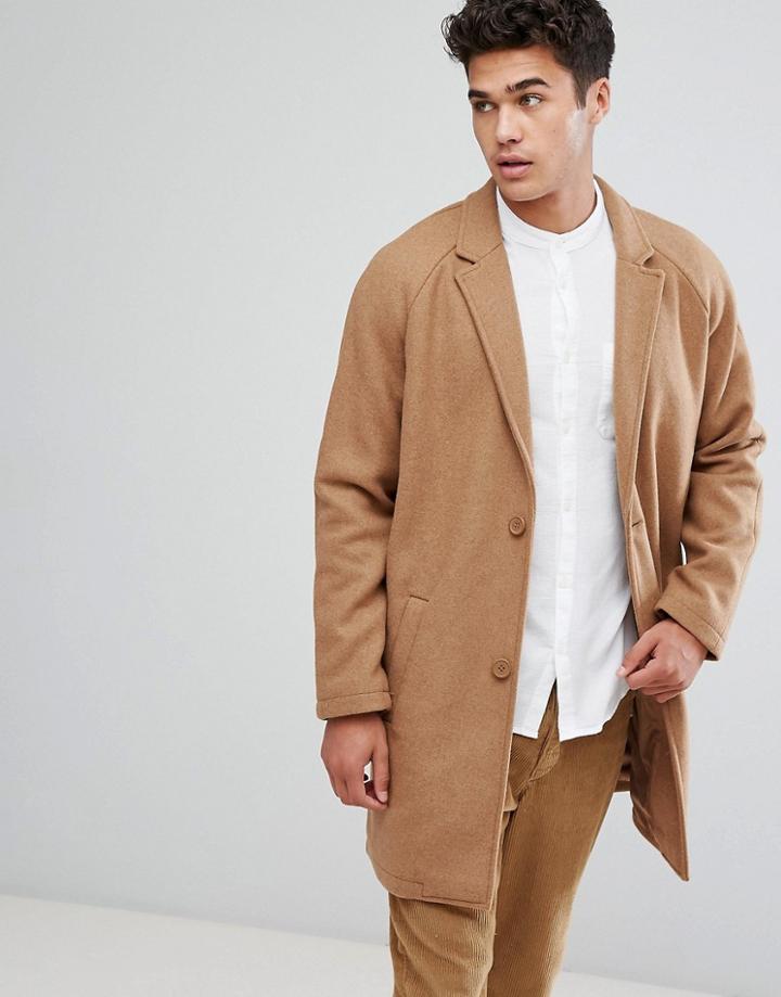 Bershka Wool Overcoat In Camel - Tan