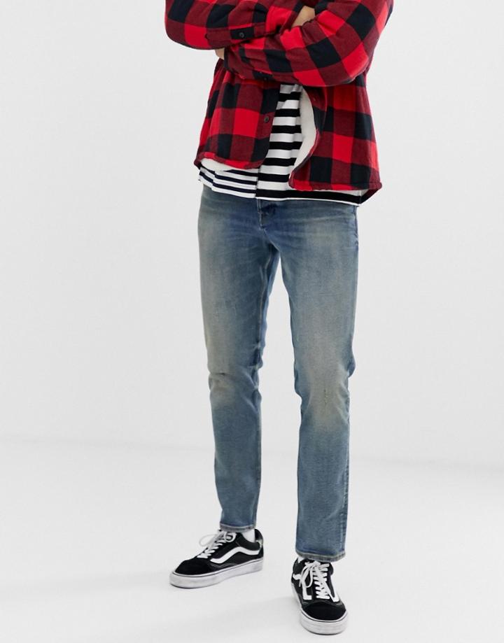 Asos Design Slim Jeans In Mid Wash - Blue