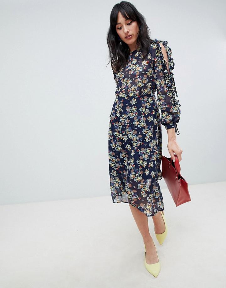 Unique 21 Floral Long Sleeve Midi Dress - Navy