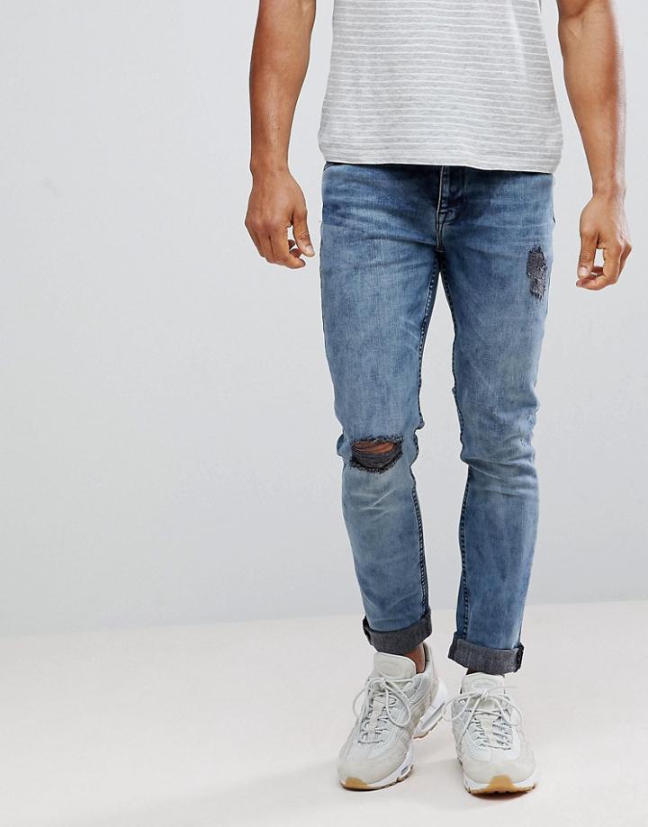 Asos Skinny Jeans In Washed Blue Black With Knee Rips - Black