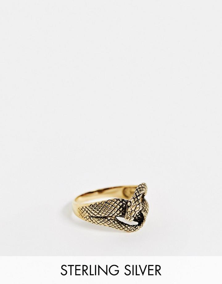 Asos Design Sterling Silver Ring With Wrap Around Snake Design In 14k Gold Plate