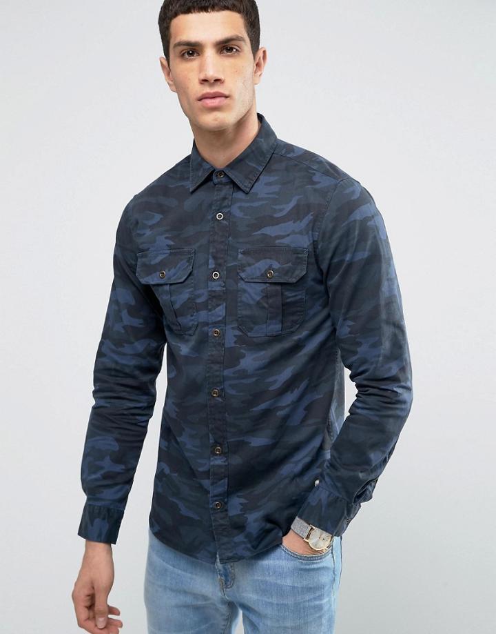 Jack & Jones Vintage Shirt In Regular Fit With All Over Camo - Navy