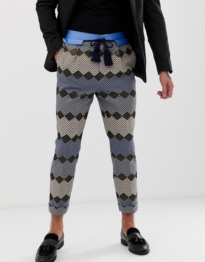 Asos Edition Tapered Smart Pants In Blue Zig Zag Jacquard With Rope Belt - Blue
