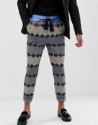 Asos Edition Tapered Smart Pants In Blue Zig Zag Jacquard With Rope Belt - Blue
