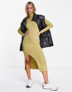 Y.a.s Biriella High Neck Midi Knit Dress In Khaki Green