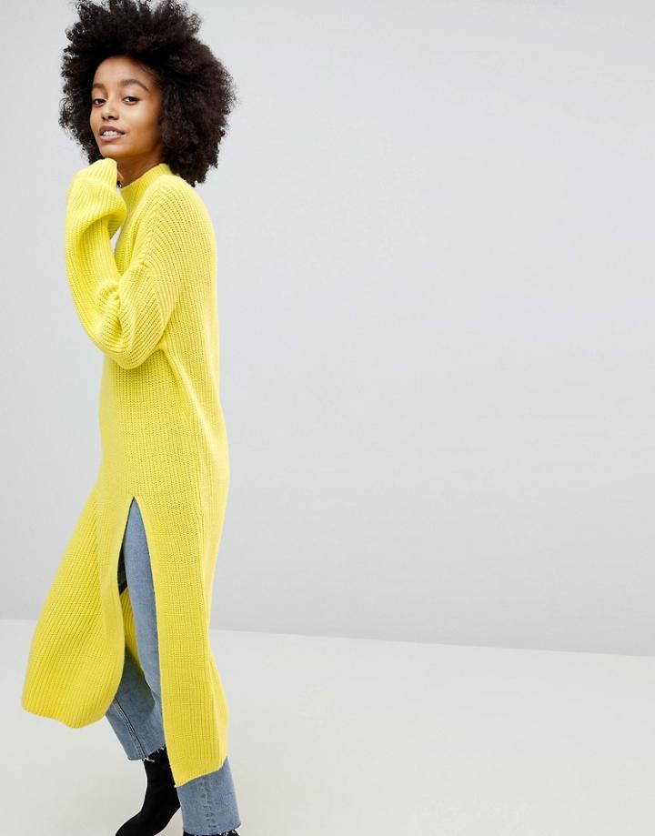 Asos Chunky Knitted Layering Dress With Front Split And High Neck - Yellow