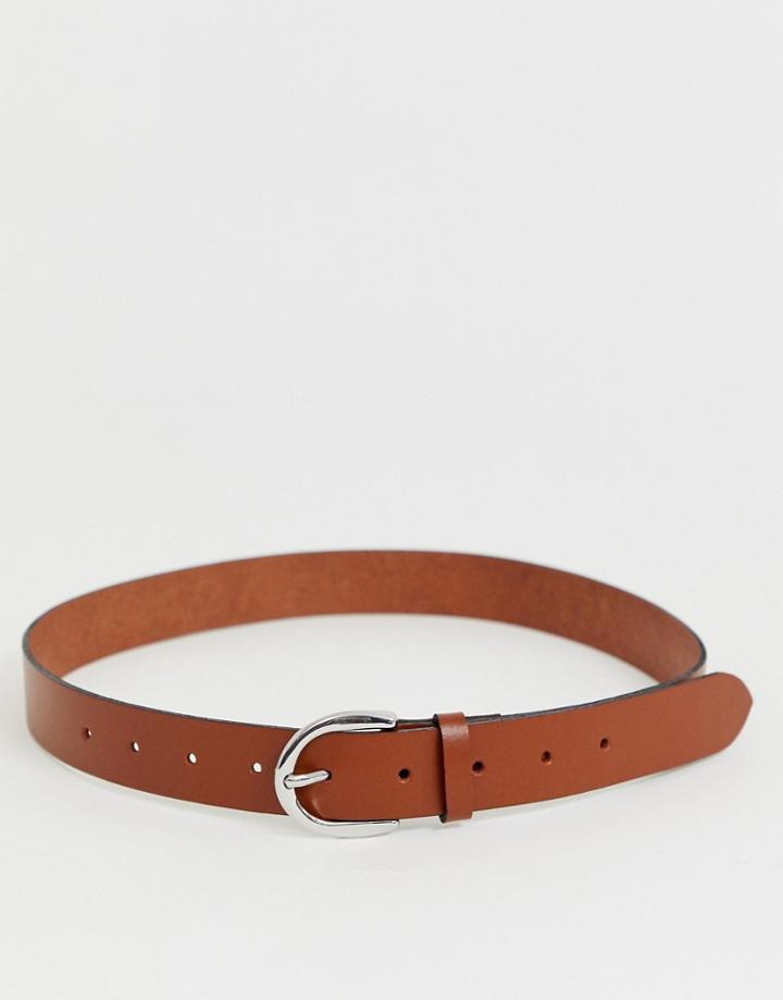 Asos Design Leather Jeans Belt In Tan With Oval Buckle-brown