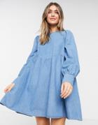 Asos Design Soft Denim Puff Sleeve Smock Dress In Midwash-blues