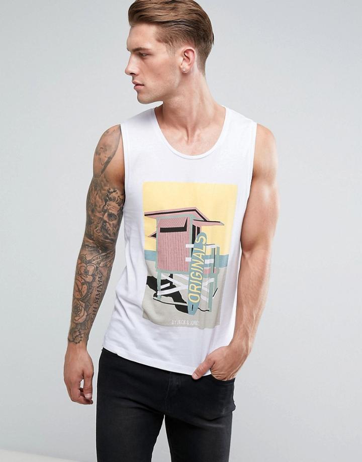 Jack & Jones Originals Tank With Rero Beach Print - White