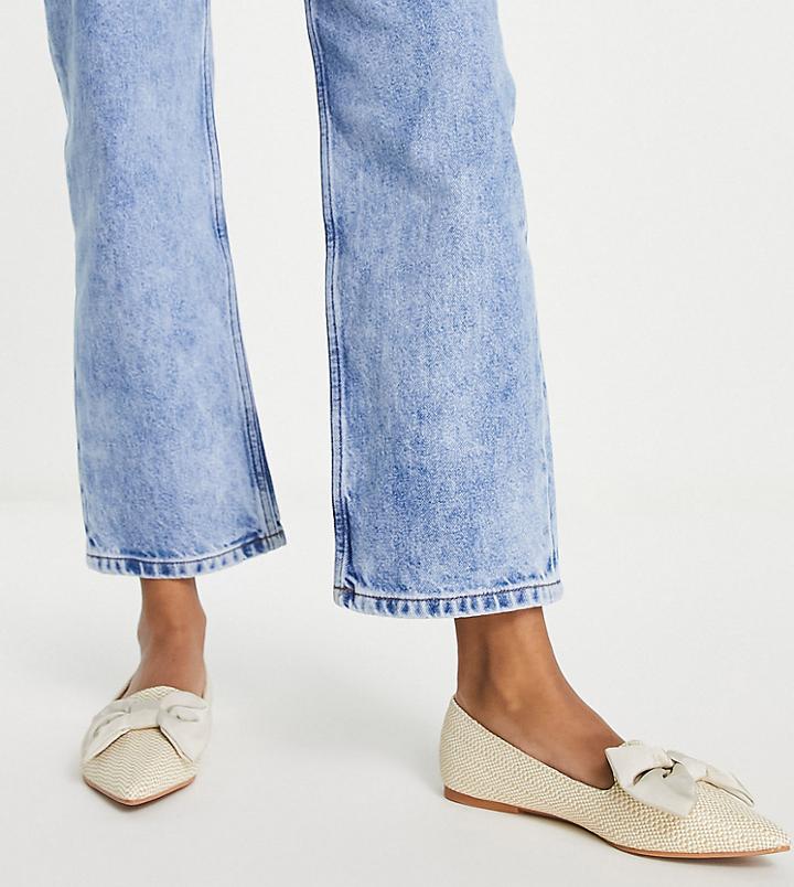 Asos Design Wide Fit Lake Bow Pointed Ballet Flats In Natural Raffia-neutral