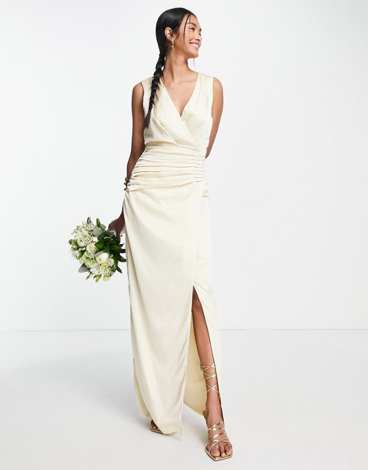 Liquorish Bridesmaid Satin Wrap Front Maxi Dress With Wrap Skirt In Lemon-yellow