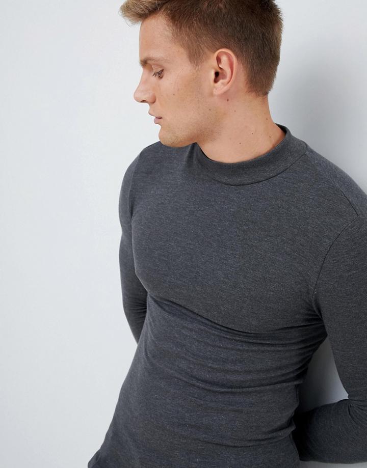 Asos Design Muscle Fit Long Sleeve Turtleneck T-shirt With Stretch In Gray - Gray