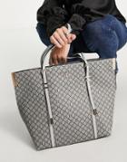 River Island Pinched Monogram Shopper In Gray-grey