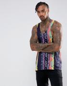 Asos Relaxed Tank With Raw Edges & Vertical Geo-tribal Print - Black