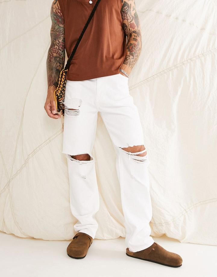 Asos Design Dad Jeans In White With Heavy Rips