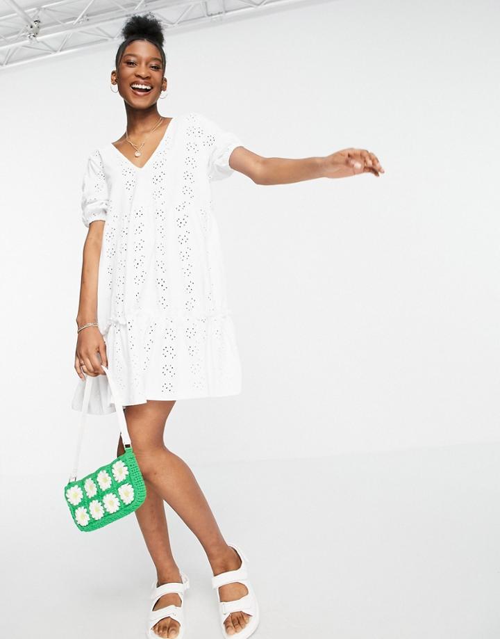 Asos Design Broderie V-neck Smock Dress With Puff Sleeves In White