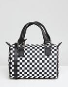 Asos Design Mini Checkerboard Bowler Bag In Mono - White