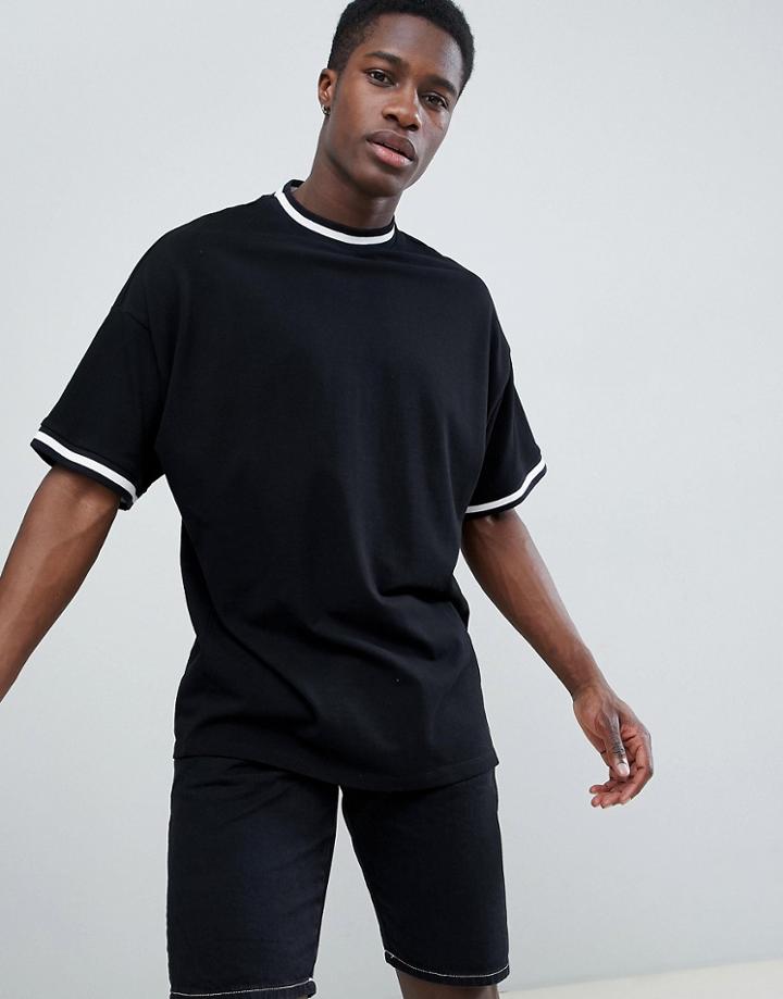 Asos Design Oversized T-shirt With Contrast Tipping In Pique In Black - Multi