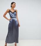 Little Mistress Tall Lace Trim Cami Dress With Pleated Skirt In Slate-gray