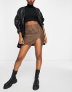 Asos Design Mini Skirt With Slit Front In Brown Plaid-multi