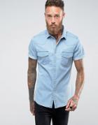 Asos Slim Denim Shirt With Western Styling In Bleach Wash - Blue