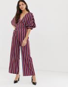Liquorish Wrap Front Jumpsuit With Batwing Sleeves In Stripe - Multi