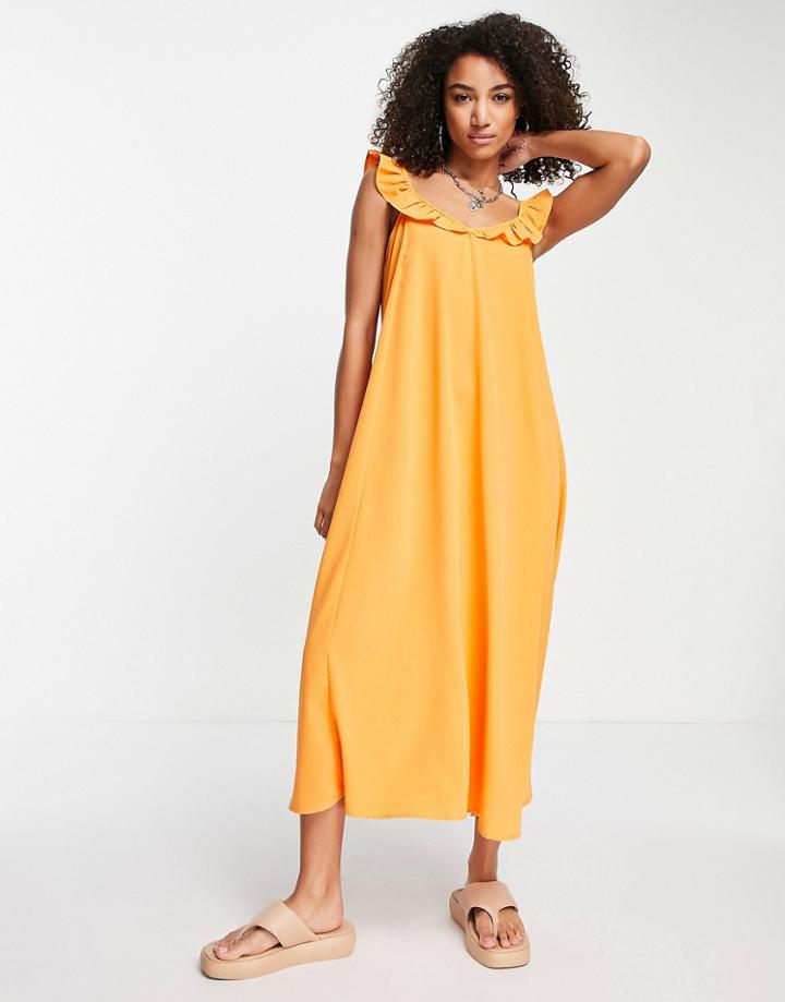 Only Ruffle Strap Maxi Dress In Bright Orange