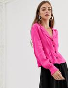 Asos Design Long Sleeve Waisted Tea Blouse With Collar Detail-pink